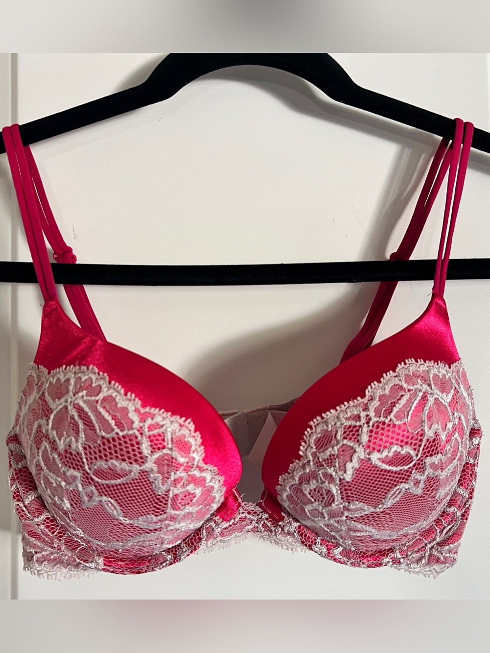 Victoria's Secret Hot Pink Satin Push-Up Bra with Cream Lace